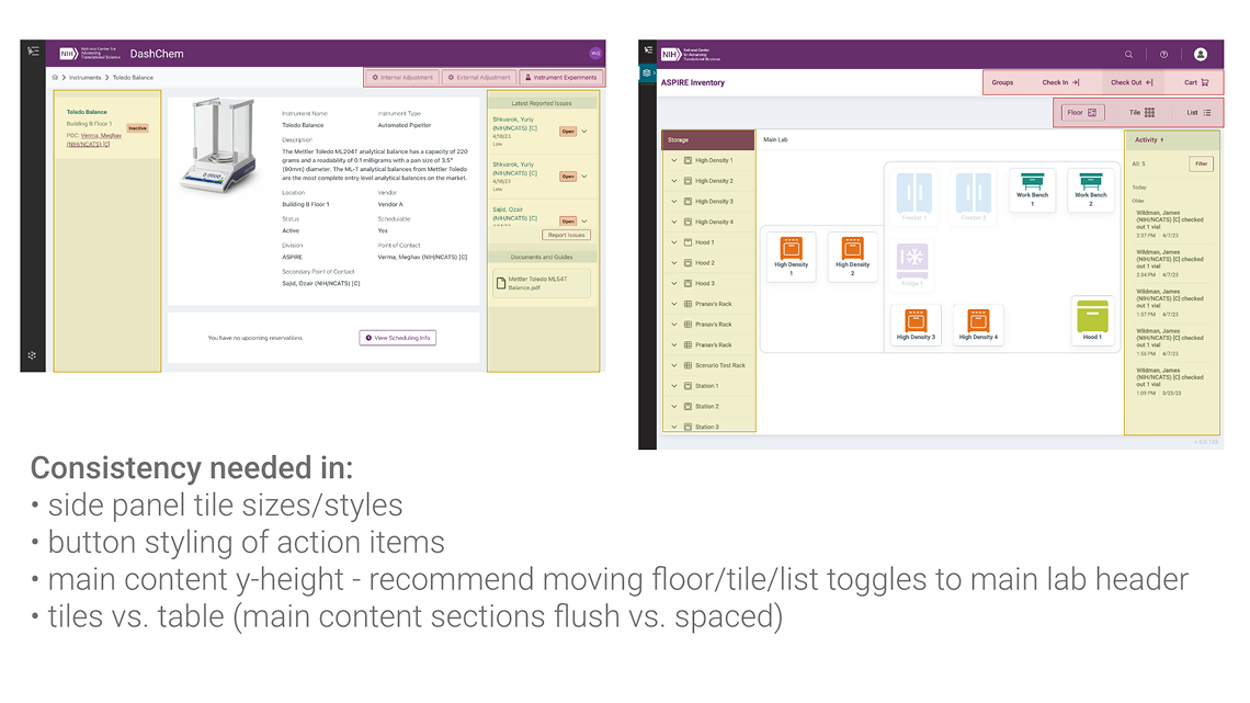 Audit slide 2 — DashChem Toledo Balance detail vs ASPIRE Inventory showing side panel tile and button style inconsistencies