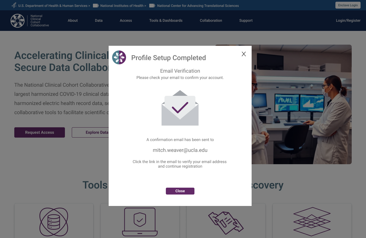 Profile setup complete — email verification sent