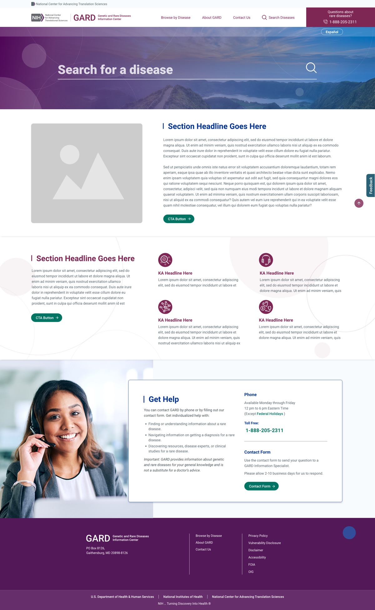 GARD 2.0 — homepage with disease search hero