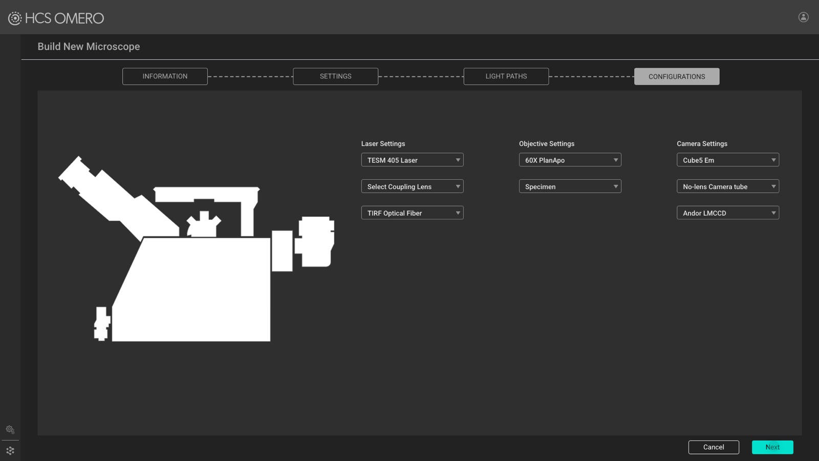 HCS OMERO — laser, objective, and camera configuration step