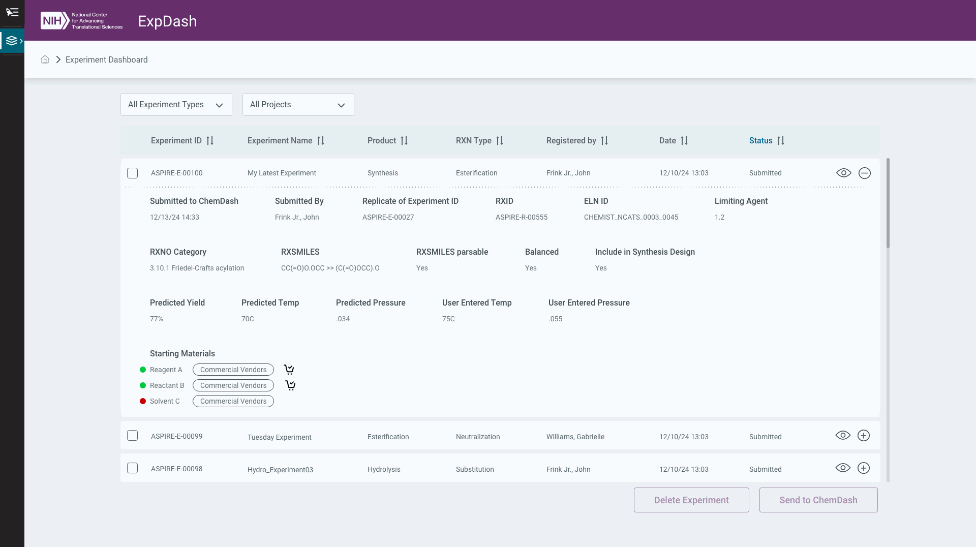The Experiments Dashboard — a row expanded to its full detail: reaction, scale, limiting agent, IDs, and starting materials