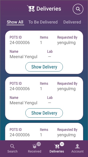 SOS Mobile — deliveries list