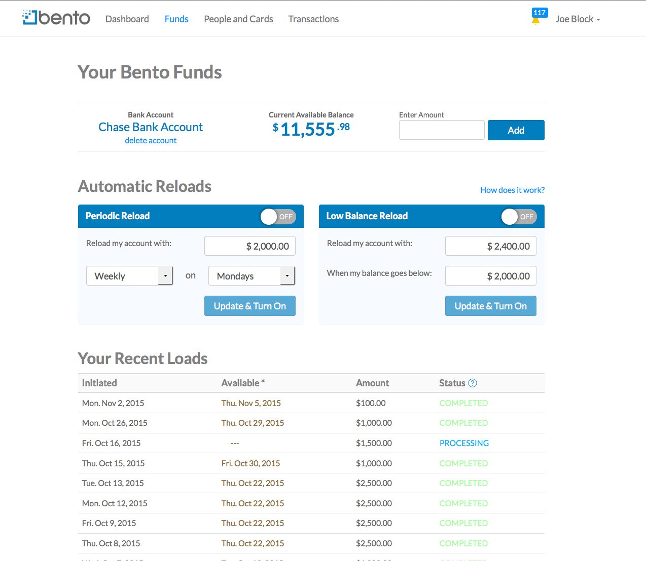 Before — the original funds page: adding funds tucked into a corner, heavy blue reload headers on pale blue panels, and unreadable status colors