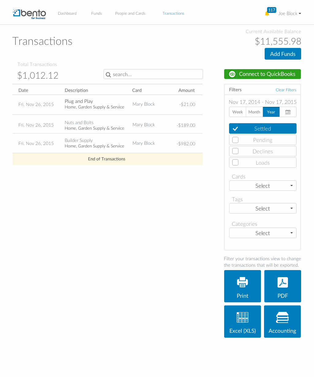 Transactions page — the existing Print/PDF/Excel/Accounting export options, with a new green Connect to QuickBooks action at the top