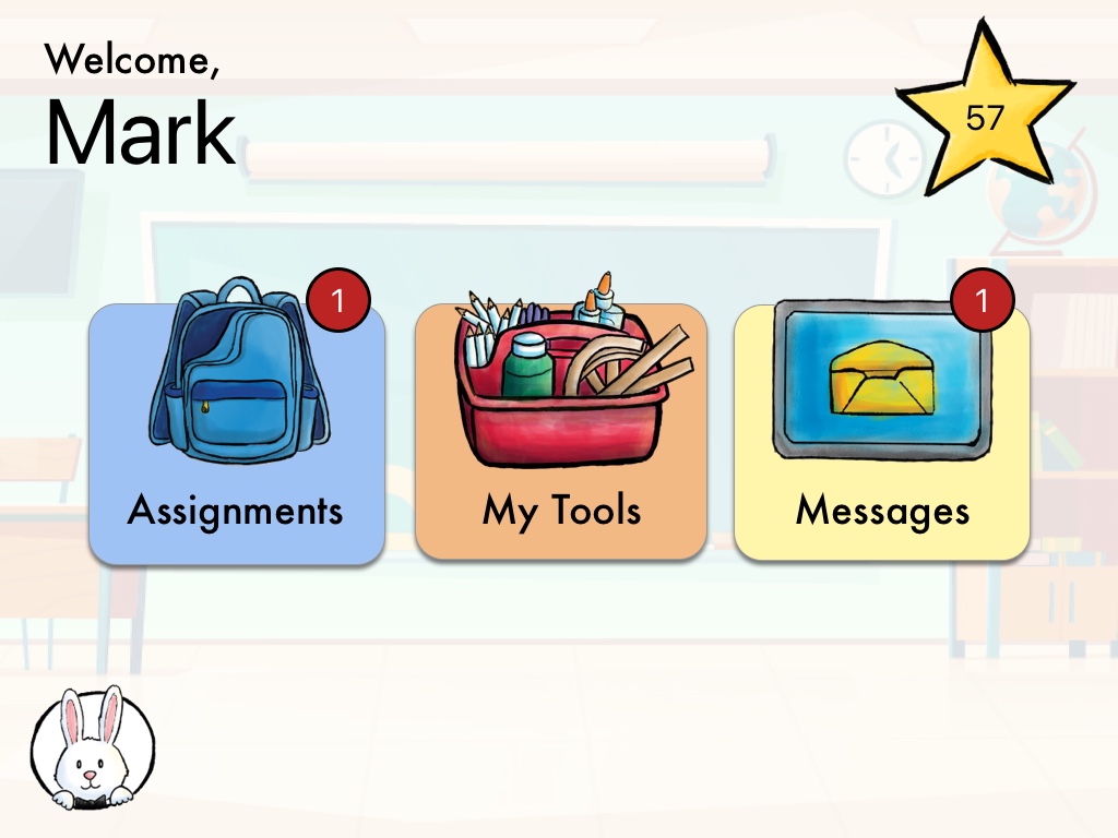 HWO — student home: oversized Assignments, My Tools, and Messages cards with notification badges, a running star count, and Magic C Bunny