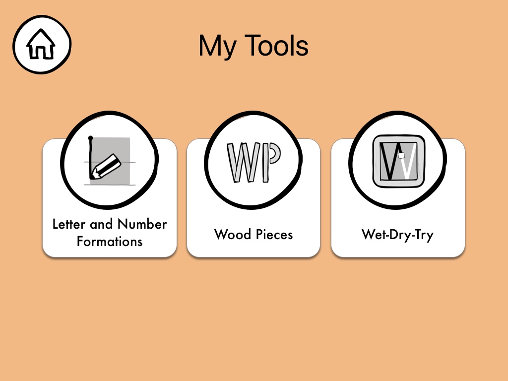 HWO — My Tools: Letter and Number Formations, Wood Pieces, and Wet-Dry-Try, each pointing to a physical manipulative