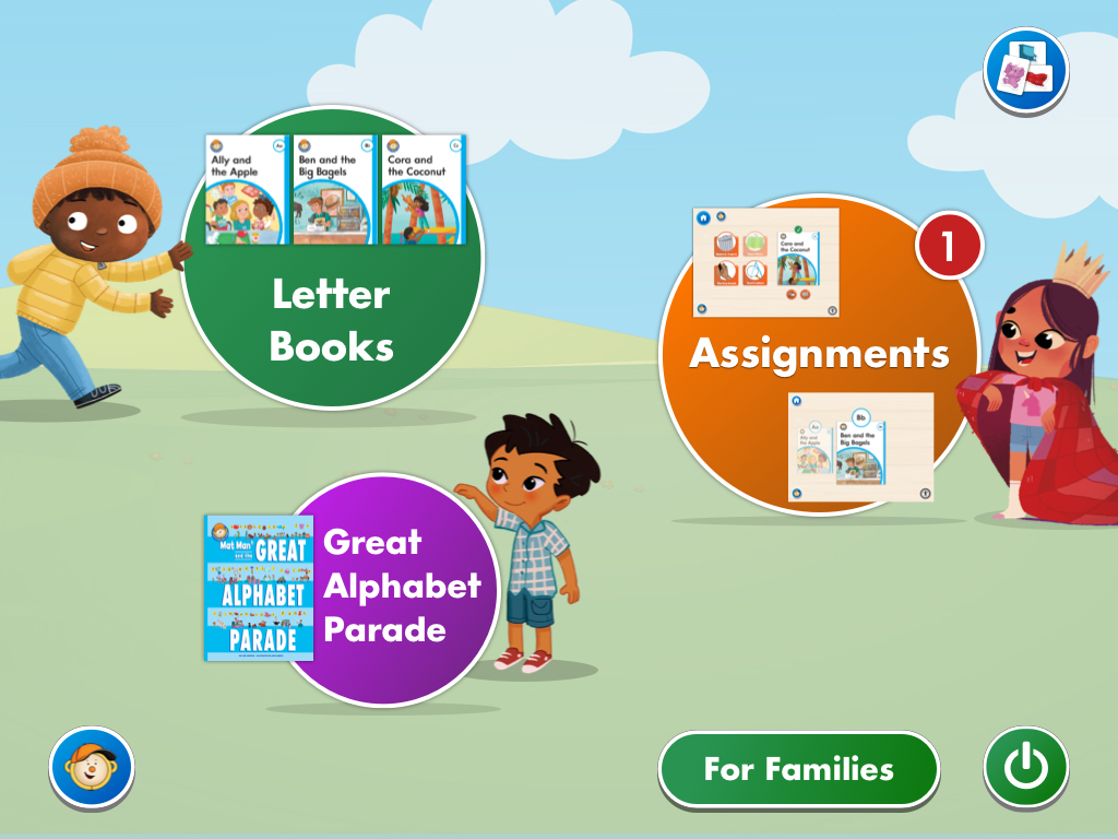 MMAZ — student dashboard with Letter Books, Assignments, and Great Alphabet Parade