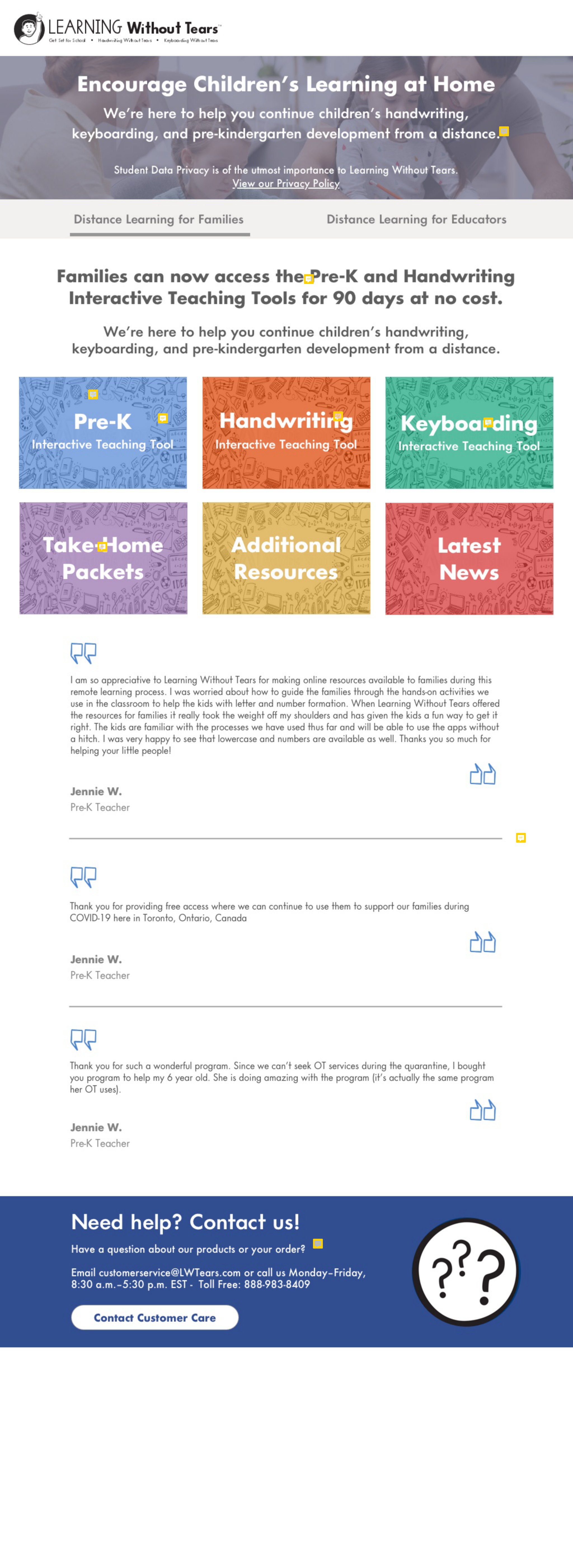 Distance learning landing page — ninety days of free access, one tile per program, take-home packets, resources, news, and teacher testimonials