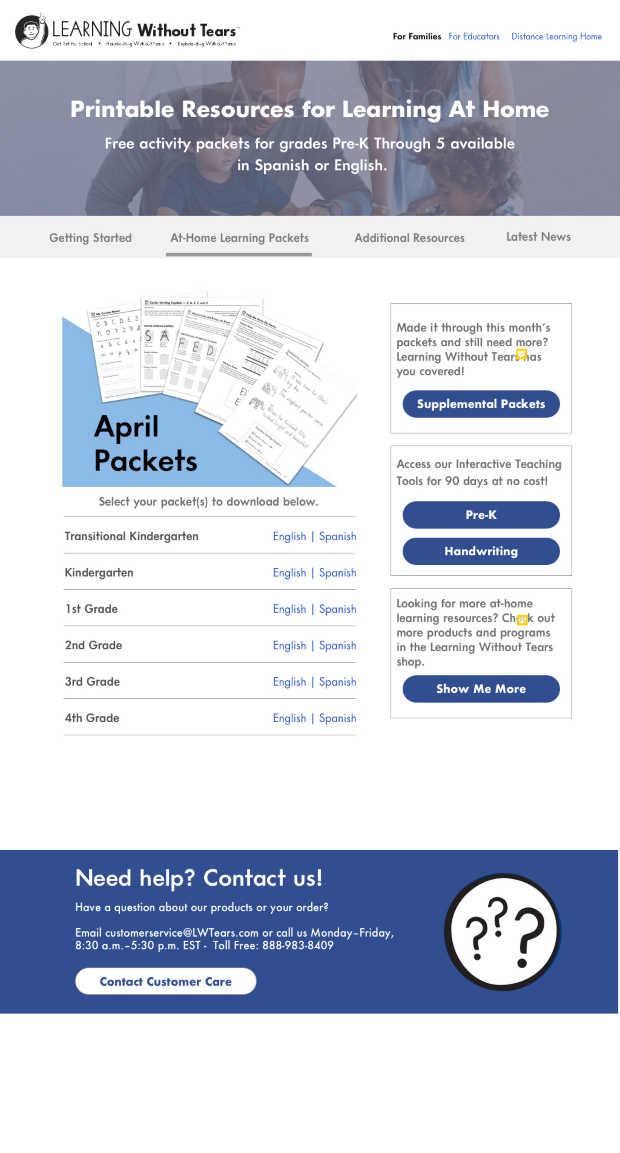 Printable resources page — monthly activity packets by grade level, each available in English or Spanish