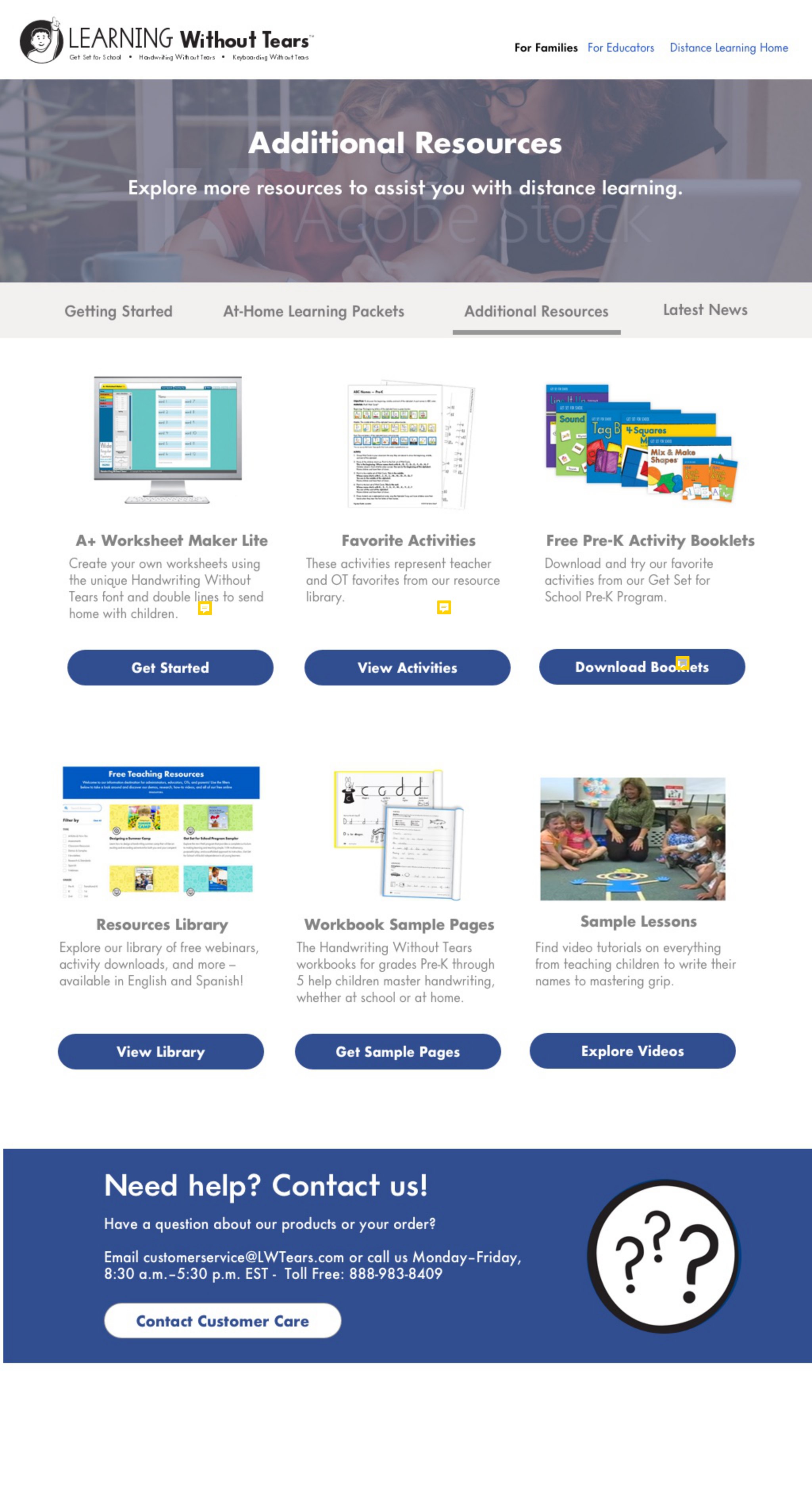 Additional resources — worksheet maker, activity booklets, resource library, sample lessons and pages
