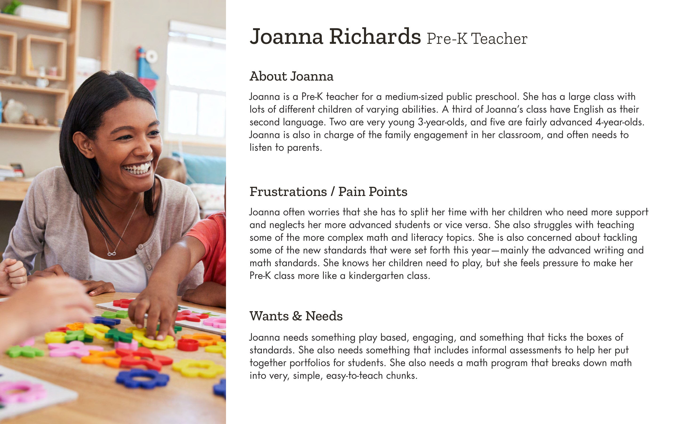 Persona — Joanna Richards, Pre-K teacher: wants play-based learning that still meets standards