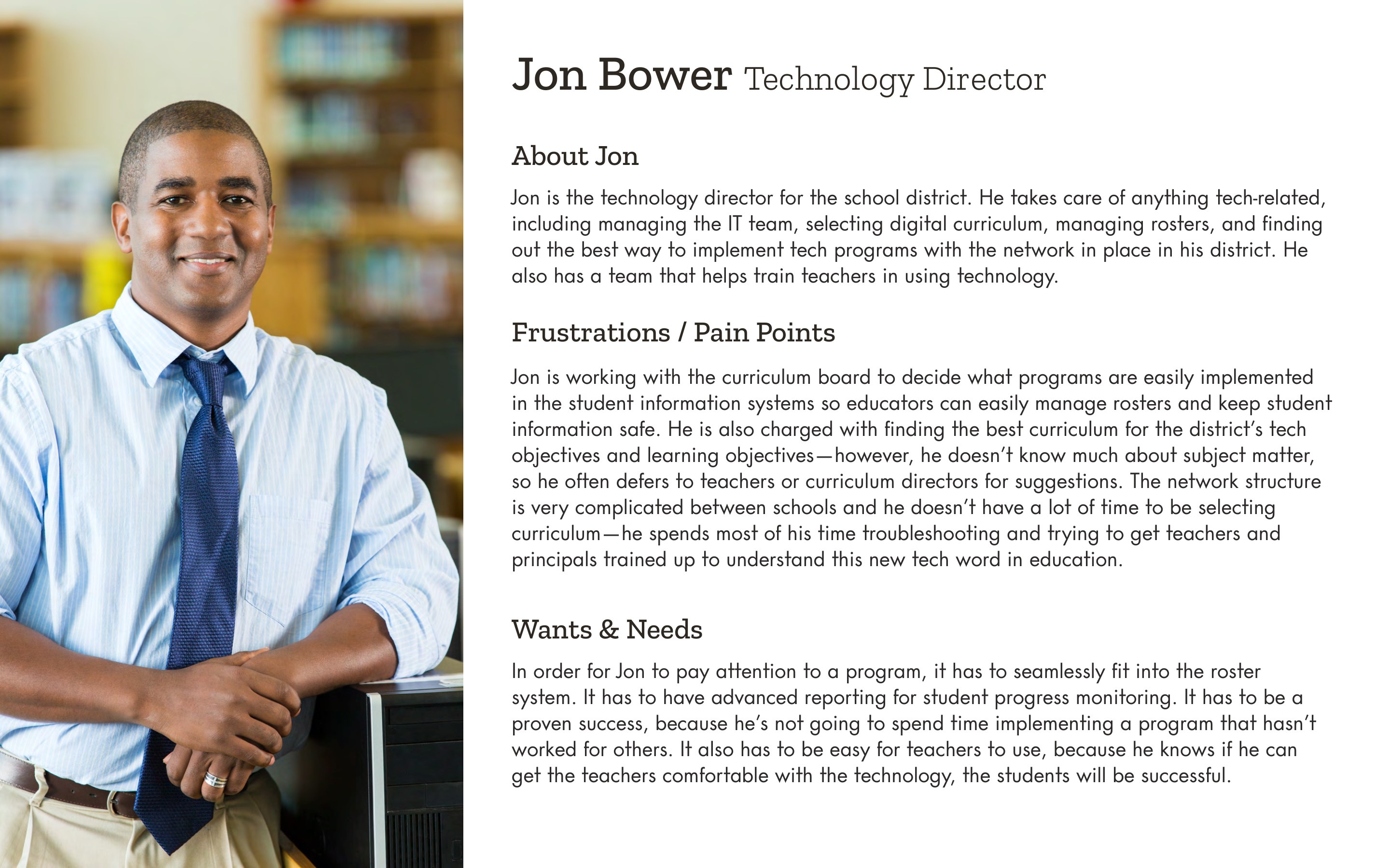 Persona — Jon Bower, technology director: needs roster integration and progress reporting