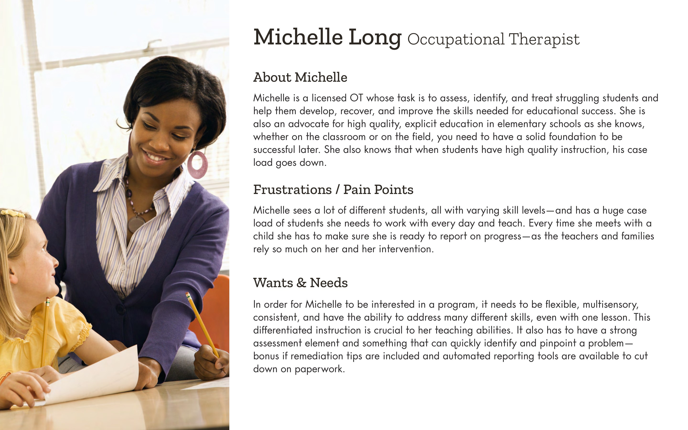 Persona — Michelle Long, occupational therapist: needs differentiated instruction and automated reporting