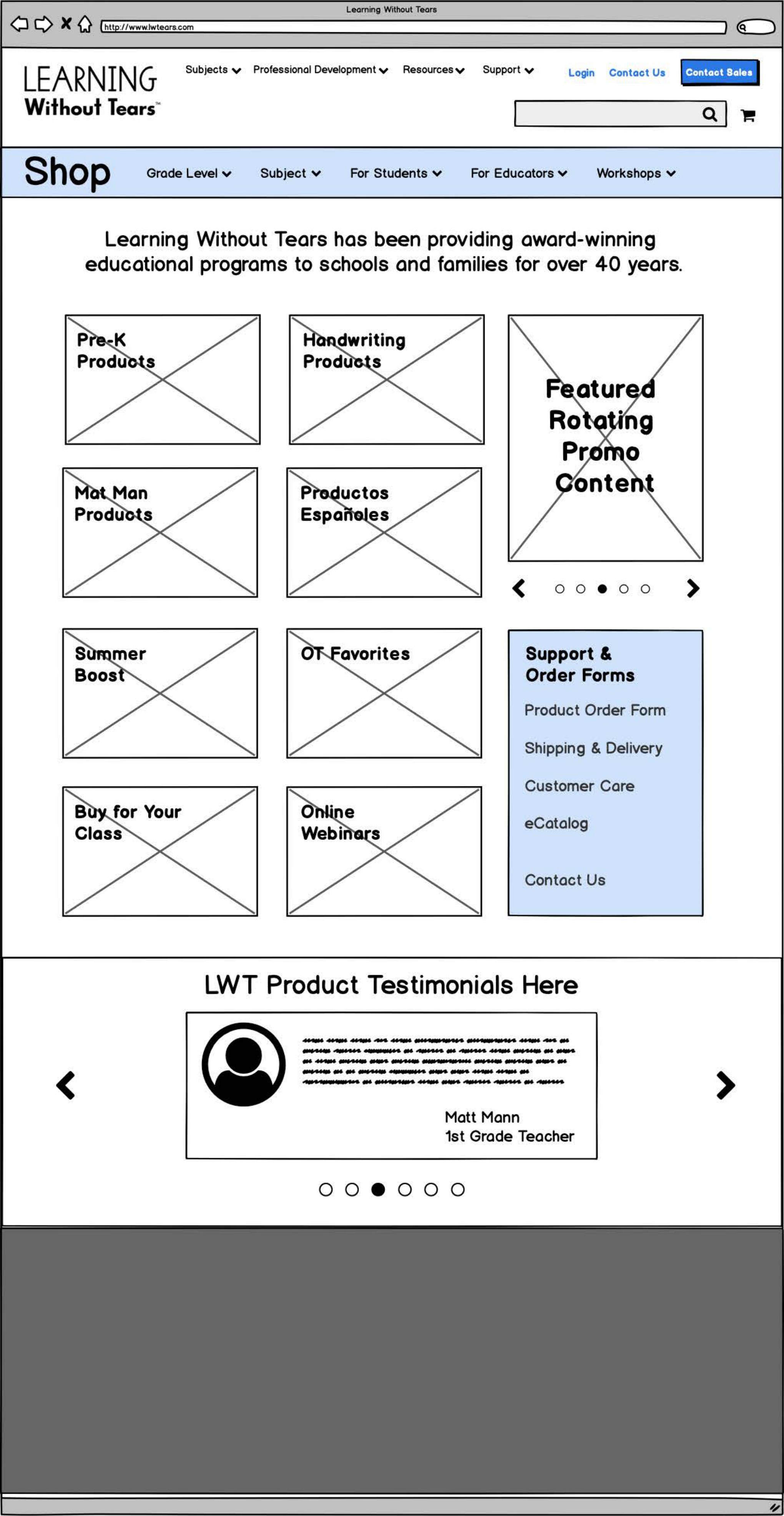 Webstore landing page wireframe — category grid, promo, and testimonials