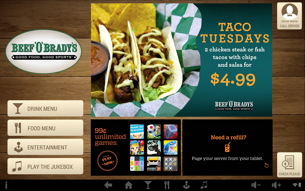 Shipped tablet home screen — a branded Taco Tuesdays promo with Drink Menu, Food Menu, Entertainment and Jukebox launchers, plus 99-cent games and a page-your-server prompt