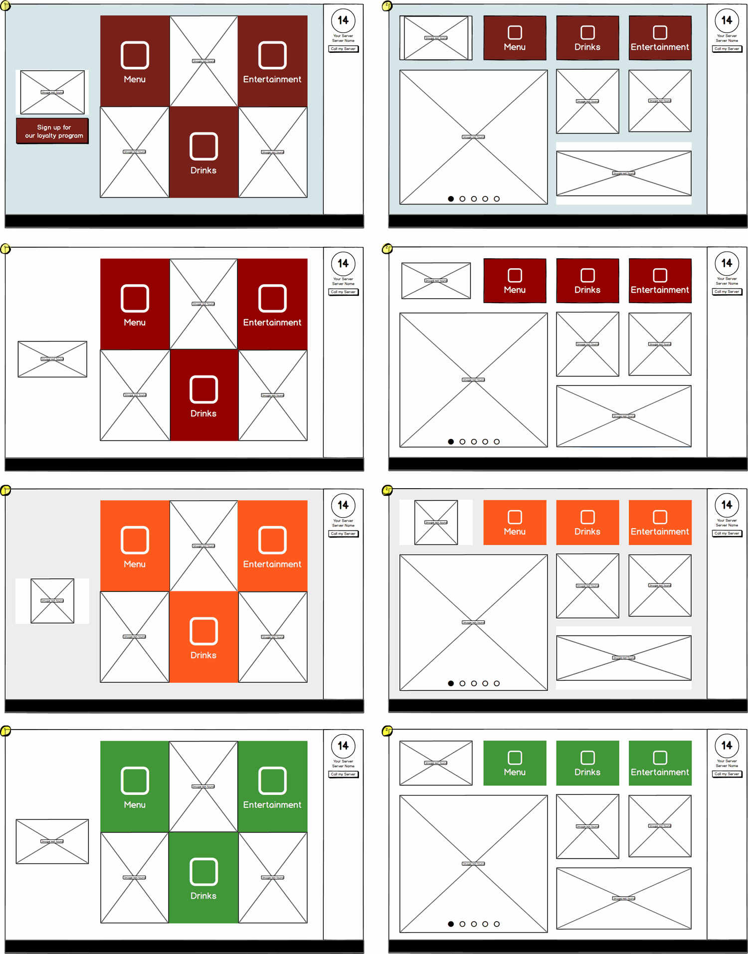 Home-screen wireframe exploration — eight variations across a tile grid and a featured-content layout, in several theme colors, each with a server-call widget