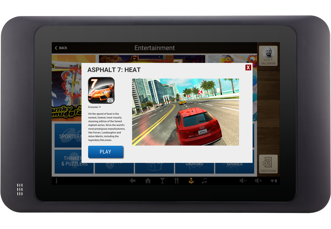 Tanjarine tablet — a premium game detail overlay with a Play button
