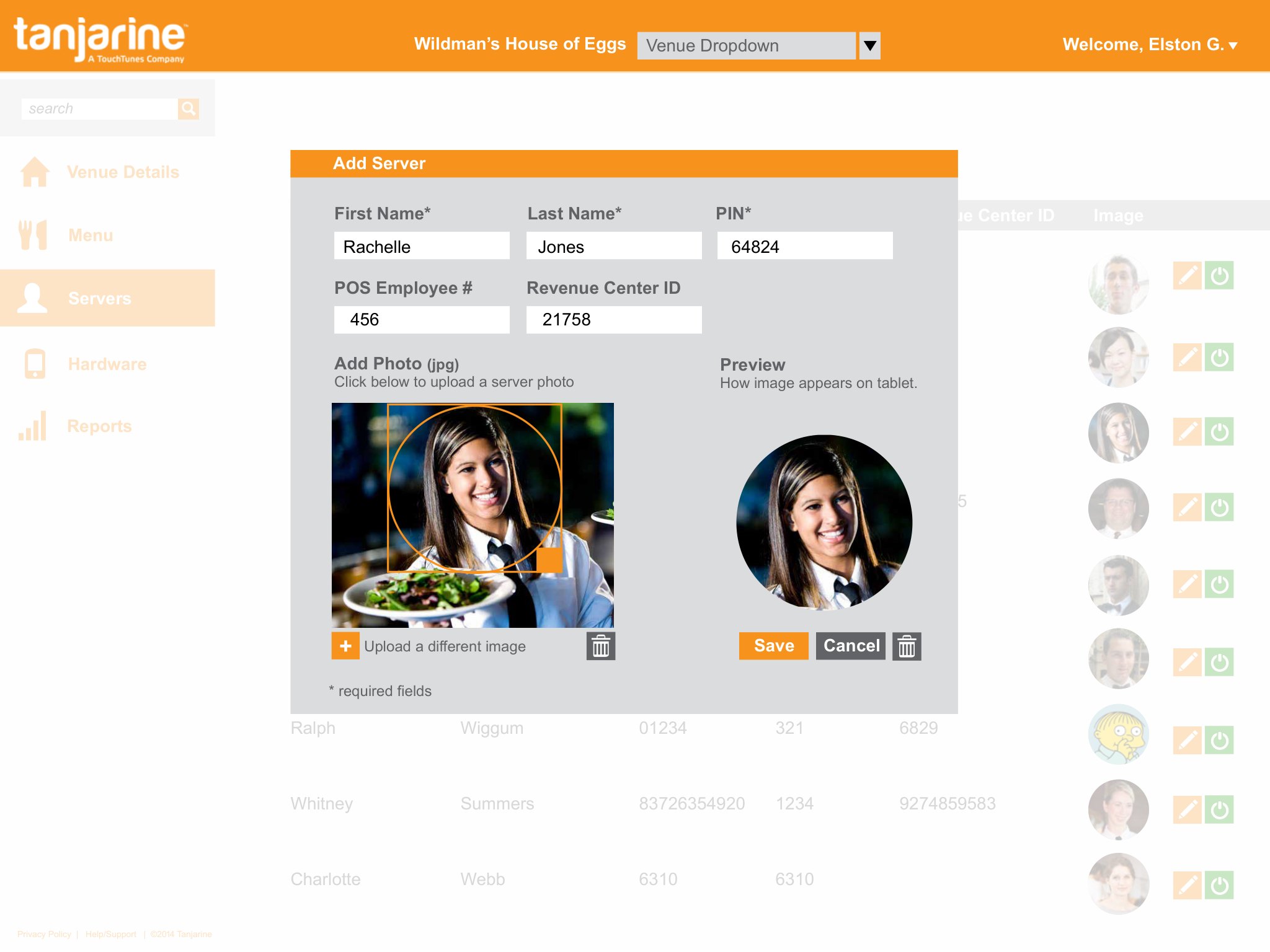 Redesigned admin — Add Server overlay with photo upload and a live preview of how it appears on the tablet