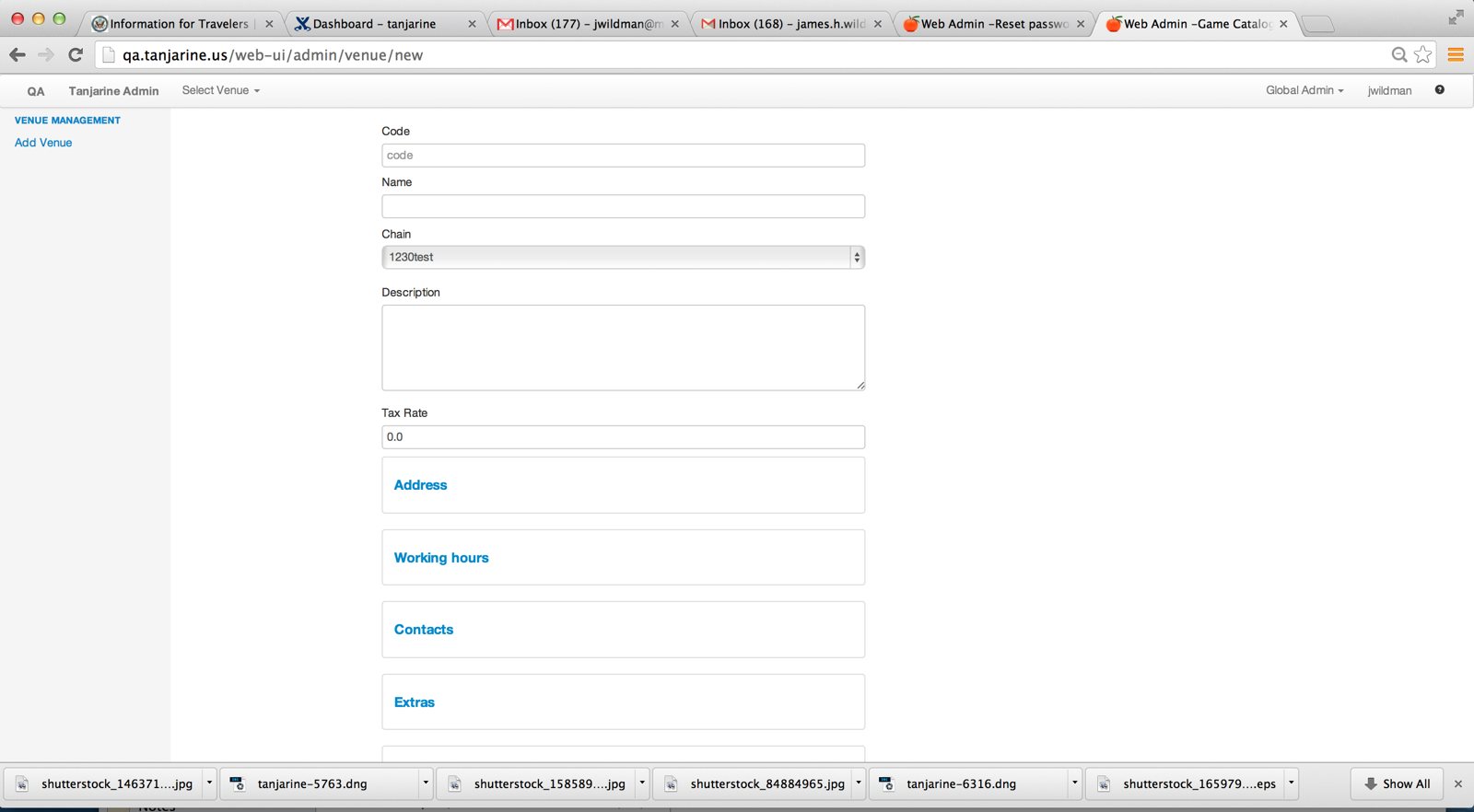 Pre-redesign admin — an unstyled 'Add Venue' form of stacked fields on qa.tanjarine.us