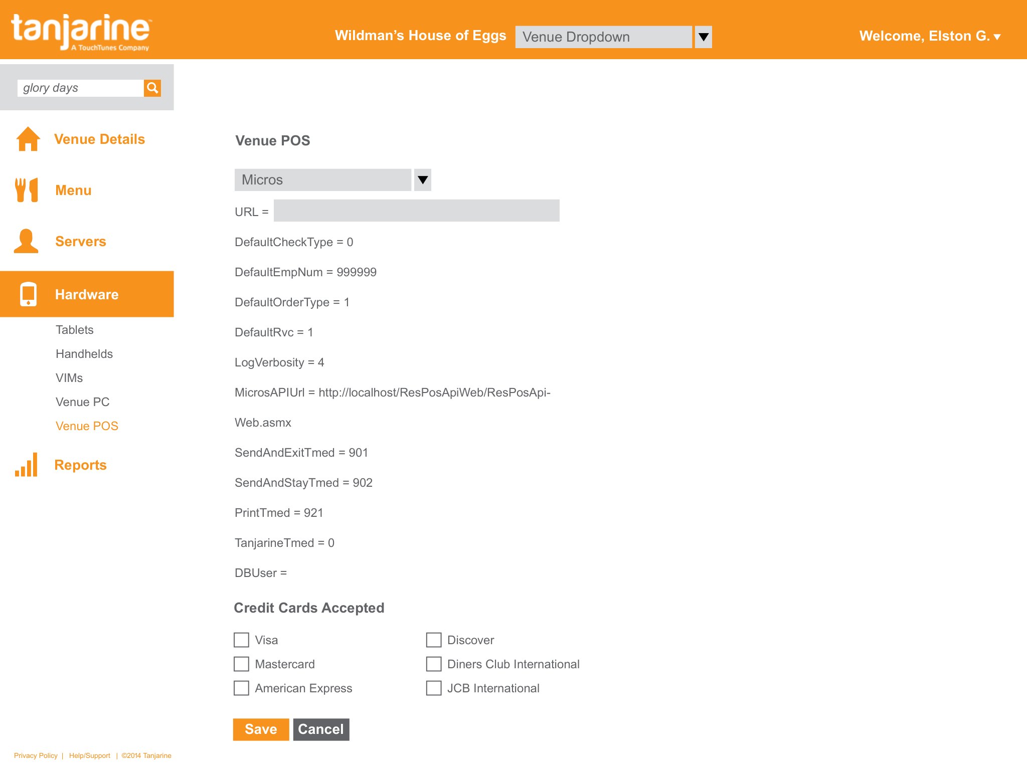 Redesigned admin — Venue POS integration config (Micros) and accepted credit cards