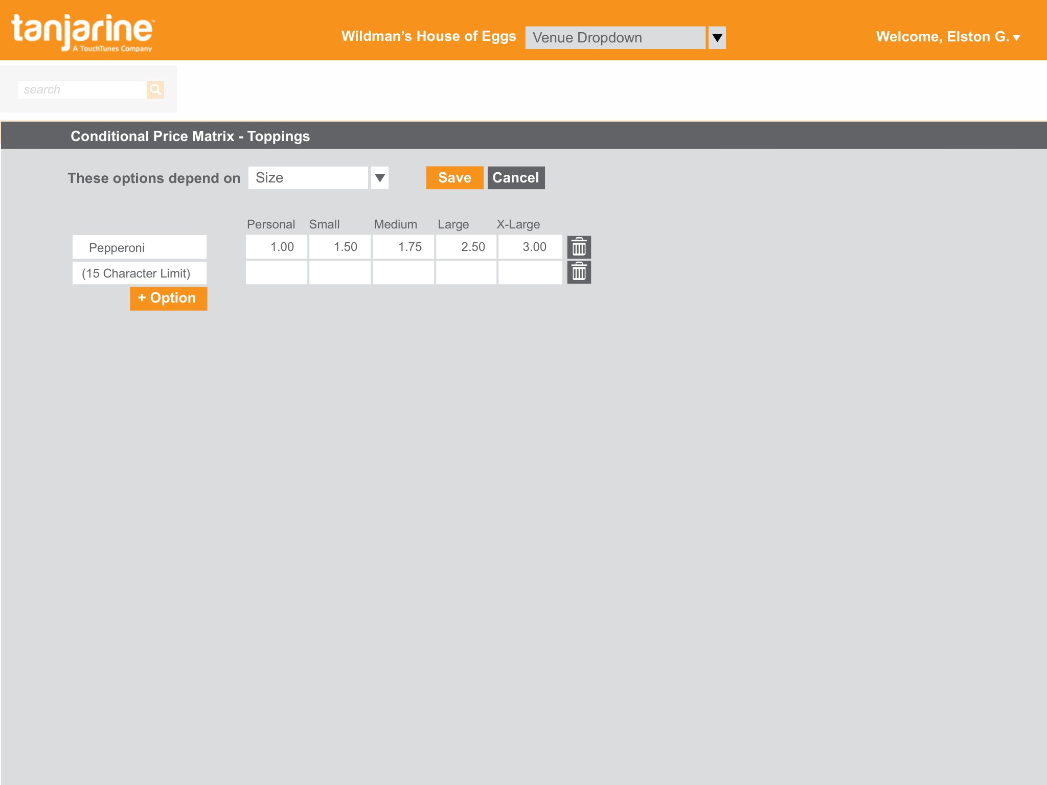 Redesigned admin — Conditional Price Matrix: each topping priced across Personal, Small, Medium, Large, and X-Large sizes in a grid