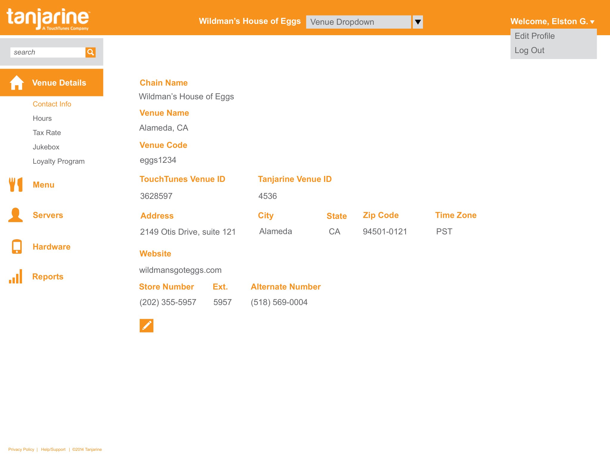 Redesigned admin — Venue Details: chain name, venue name and code, TouchTunes/Tanjarine IDs, address, website, and phone numbers