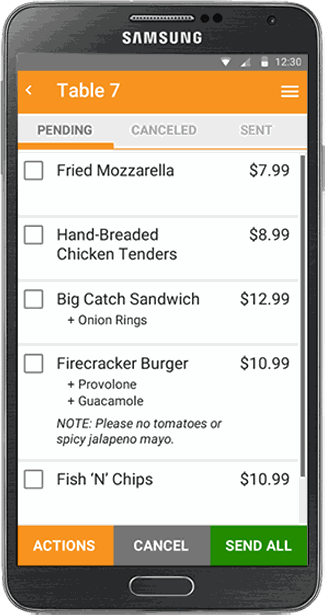 4.0 handheld — orders with pending/cancelled/sent tabs