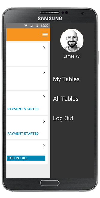 4.0 handheld — navigation drawer: My Tables, All Tables, Log Out