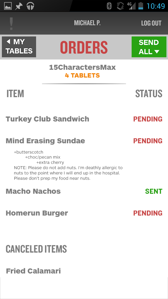 3.0 handheld — a filled order where modifiers, notes, and cancelled items all read the same