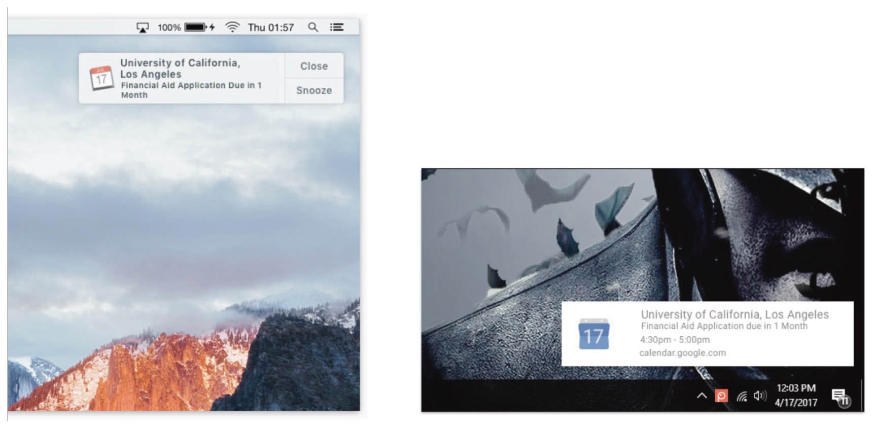 With calendar sync enabled, the same deadline reminders surface as desktop notifications