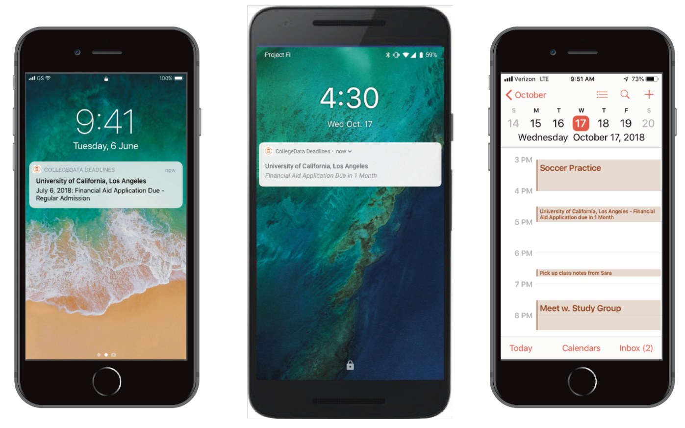 Deadline reminders on the lock screen — iOS and Android — and in the device calendar