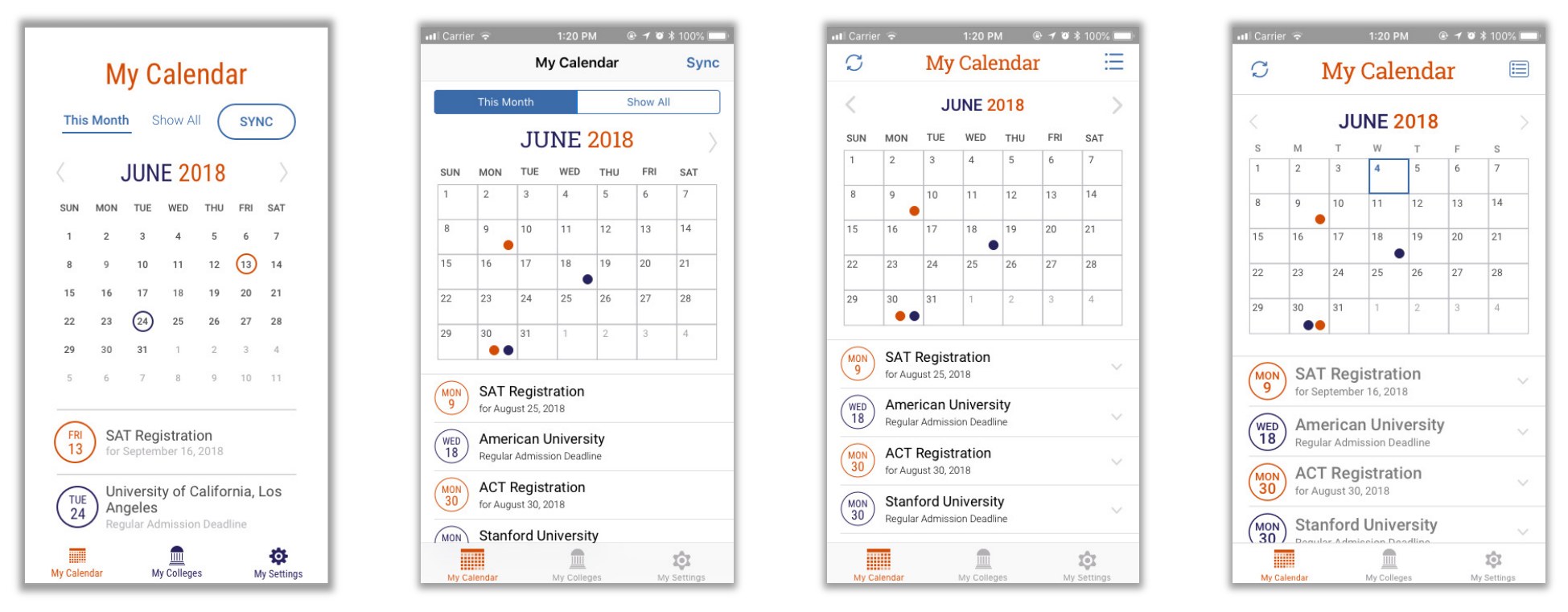 V1 — My Calendar in month and list views, deadlines pulled from the student's saved colleges