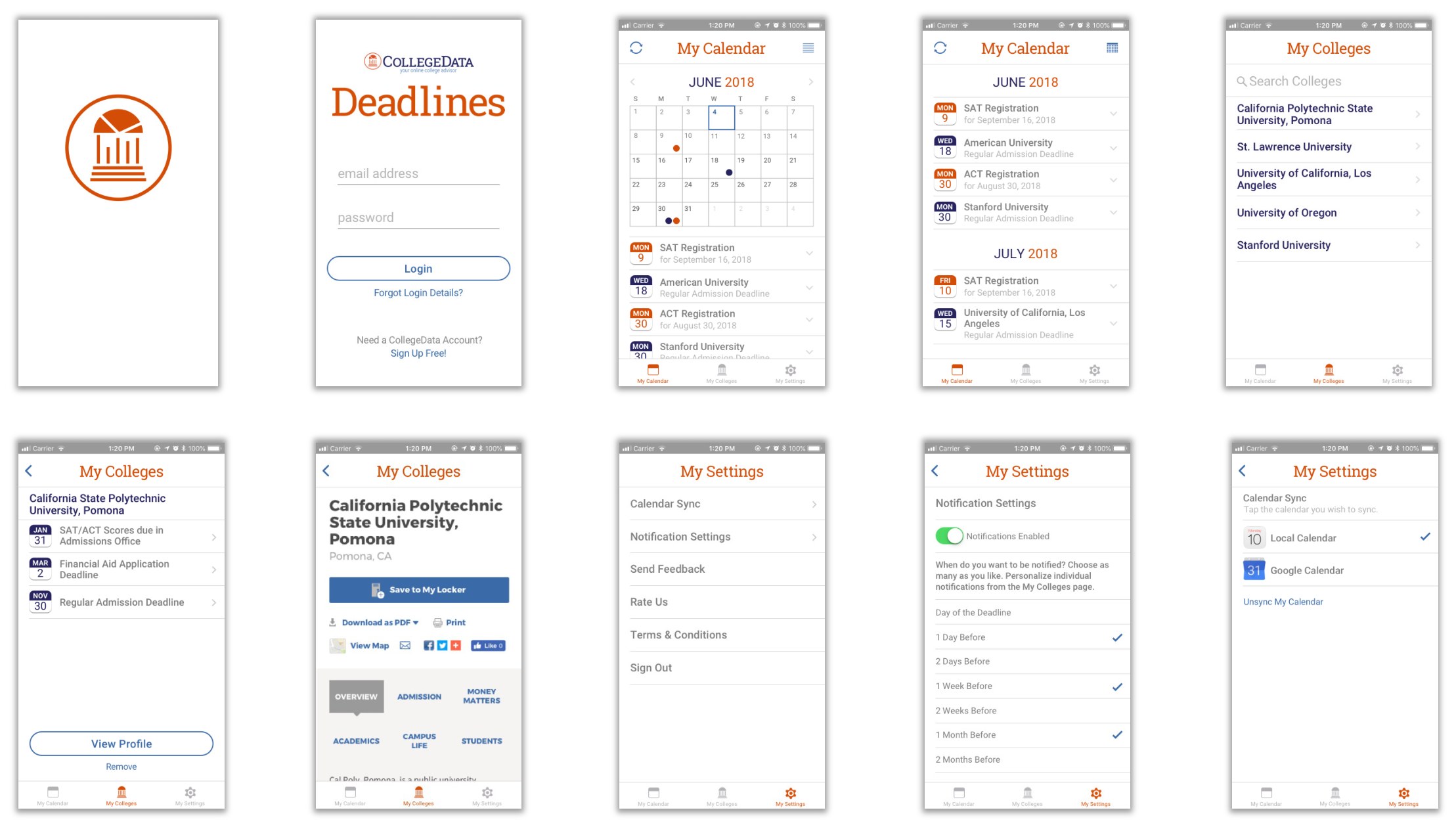 V1 full screen set — splash, login, calendar, college list, and settings