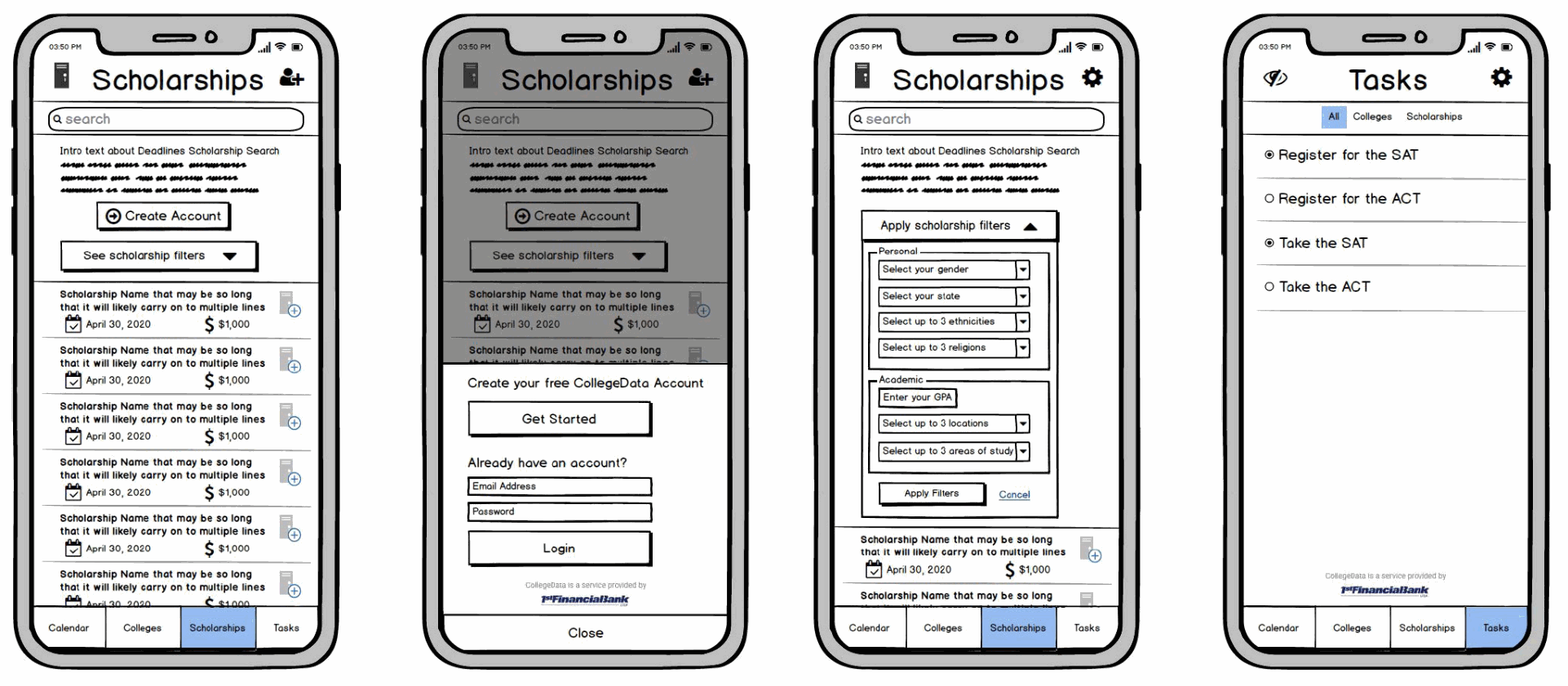 V2 wireframes — scholarship search and save, plus a unified task list