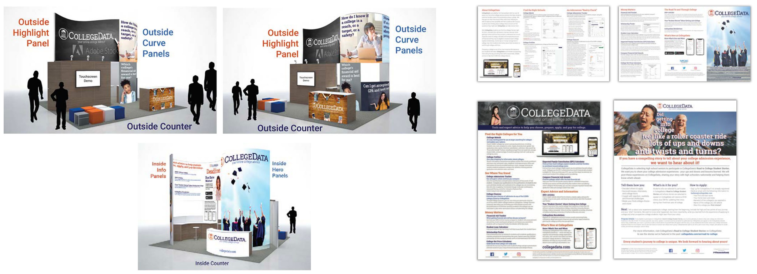 Booth design renders — outside highlight and curve panels, counters, inside hero panels — plus the printed collateral