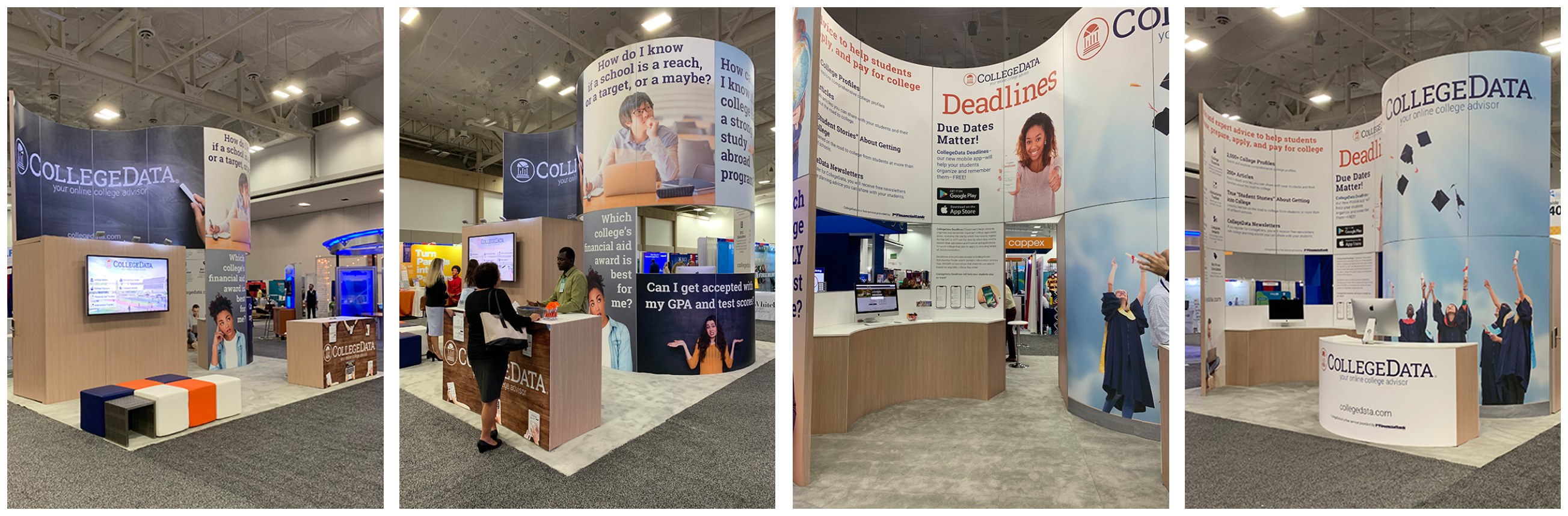 The finished booth on the conference floor, carrying the campaign imagery and the Deadlines app