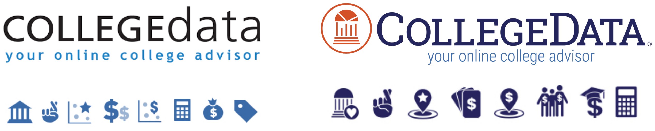 CollegeData identity before and after — the original thin wordmark beside the new logo and its accompanying icon set