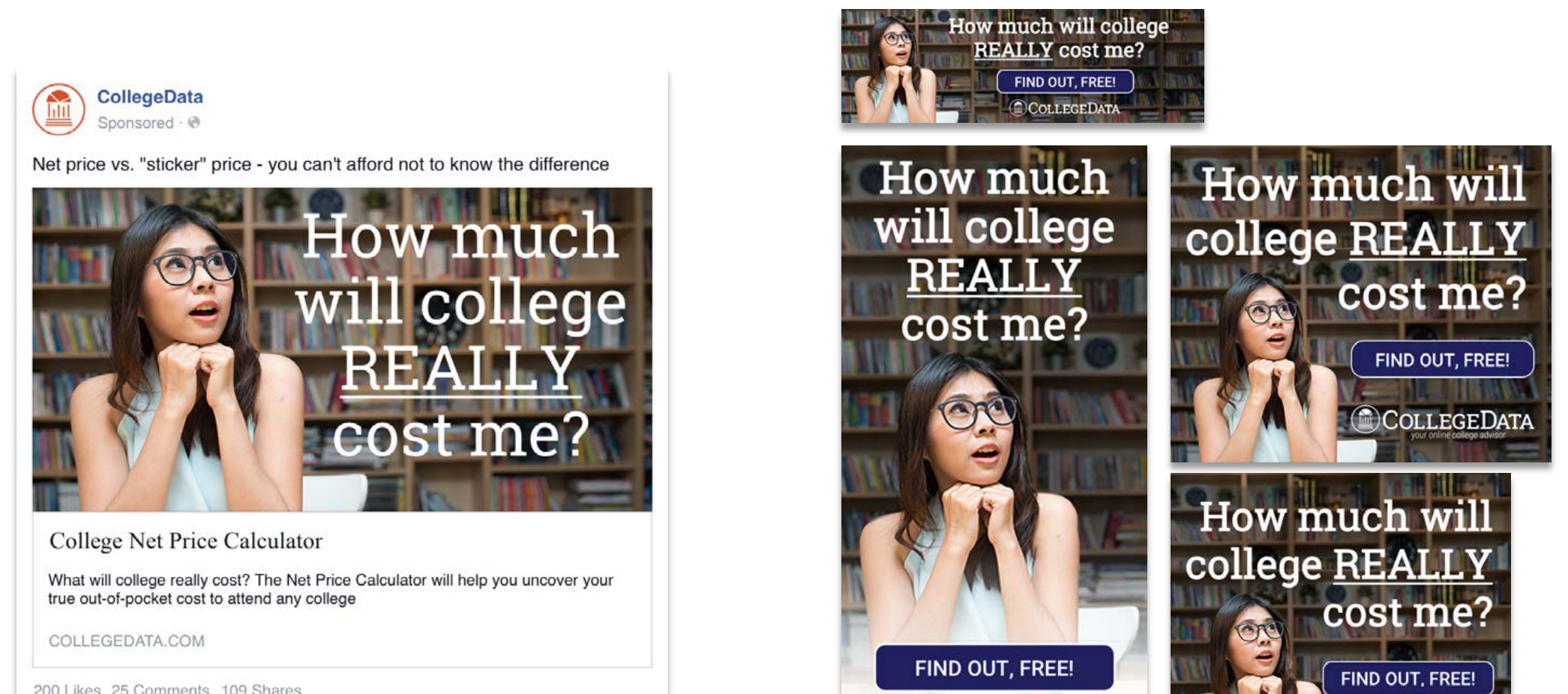 The same campaign adapted to a sponsored Facebook post and a full set of banner ad sizes