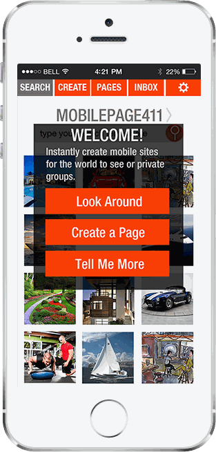 MobilePage411 — welcome with Look Around, Create a Page, and Tell Me More