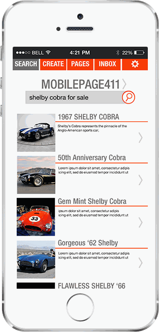 MobilePage411 — search results list for a 1967 Shelby Cobra