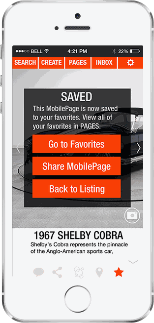 MobilePages listing — saved to favorites with Go to Favorites and Share options